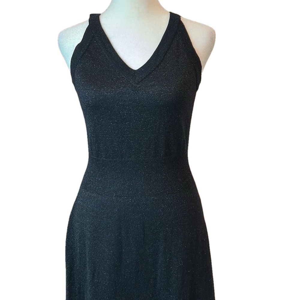 Vintage Black Wool Blend Metallic Double V Neck Tank Maxi Dress Defined Waist S - Picture 3 of 9
